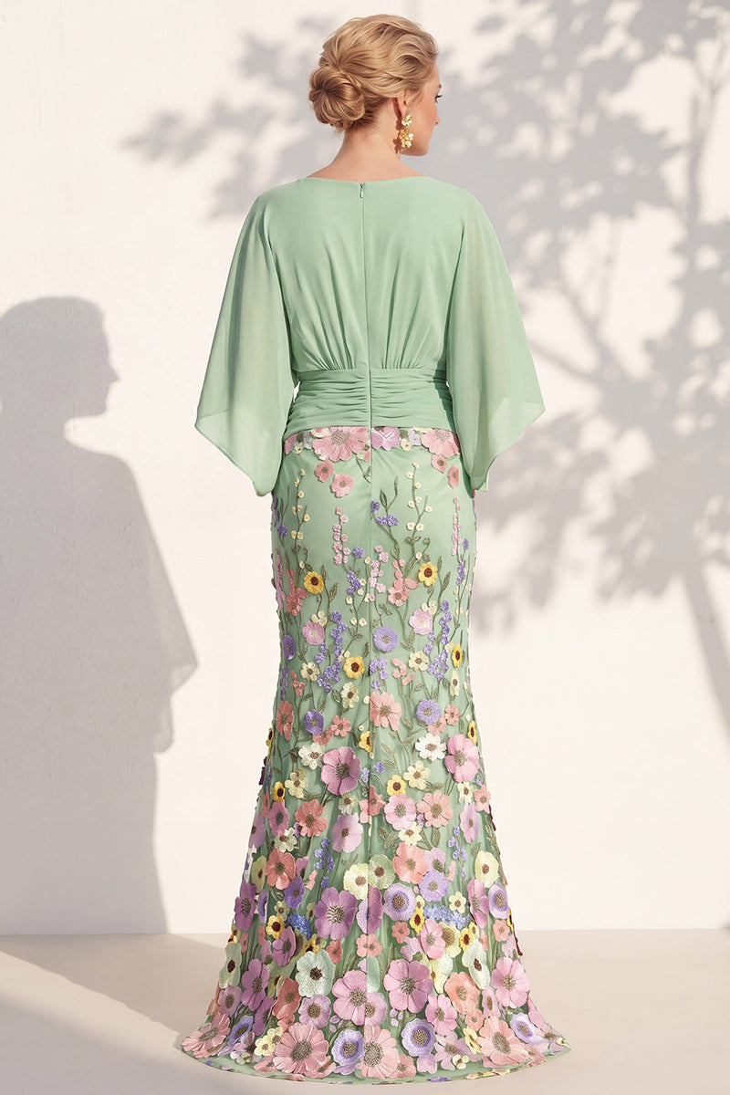 Load image into Gallery viewer, Green Mermaid Long Floral V-Neck Mother of the Bride Dress with Sleeves