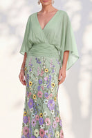 Load image into Gallery viewer, Green Mermaid Long Floral V-Neck Mother of the Bride Dress with Sleeves