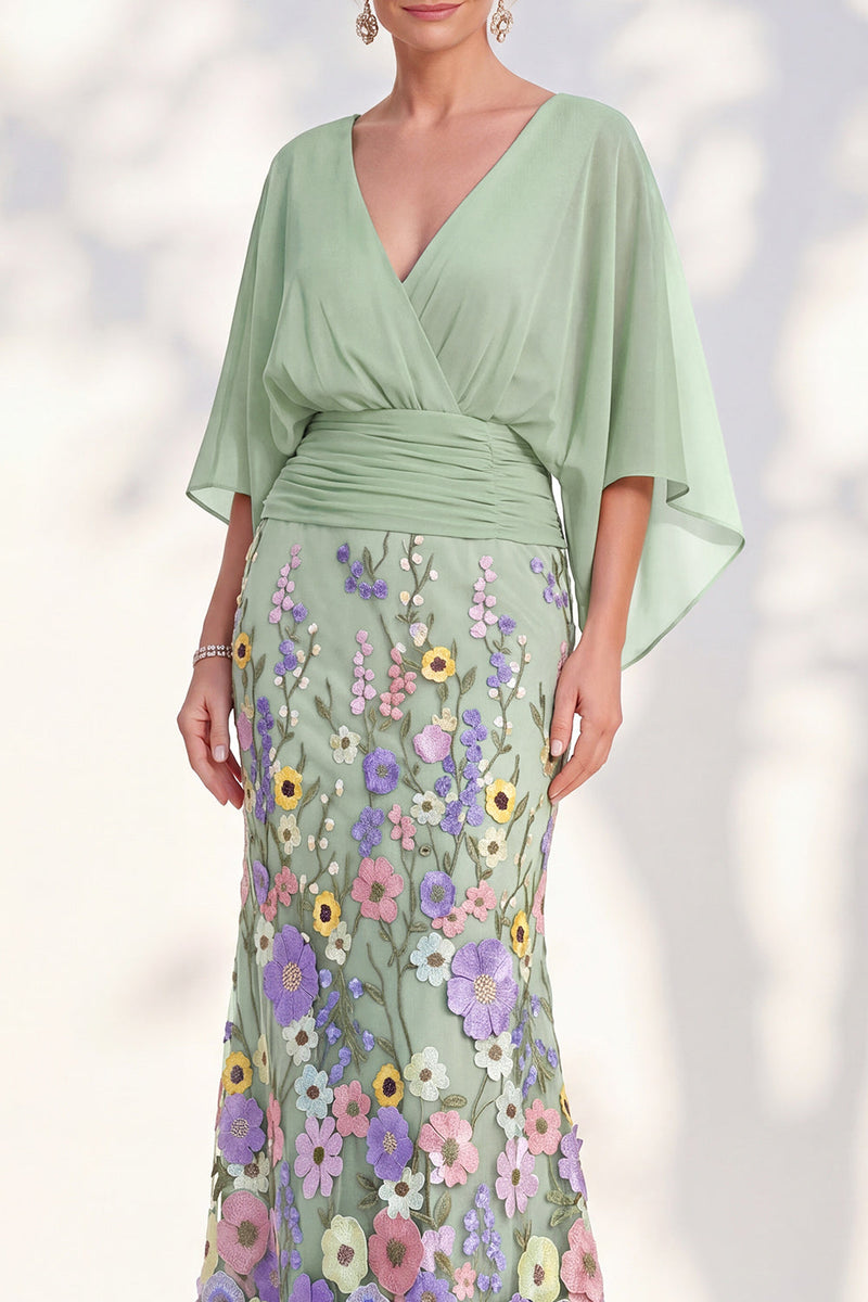 Load image into Gallery viewer, Green Mermaid Long Floral V-Neck Mother of the Bride Dress with Sleeves