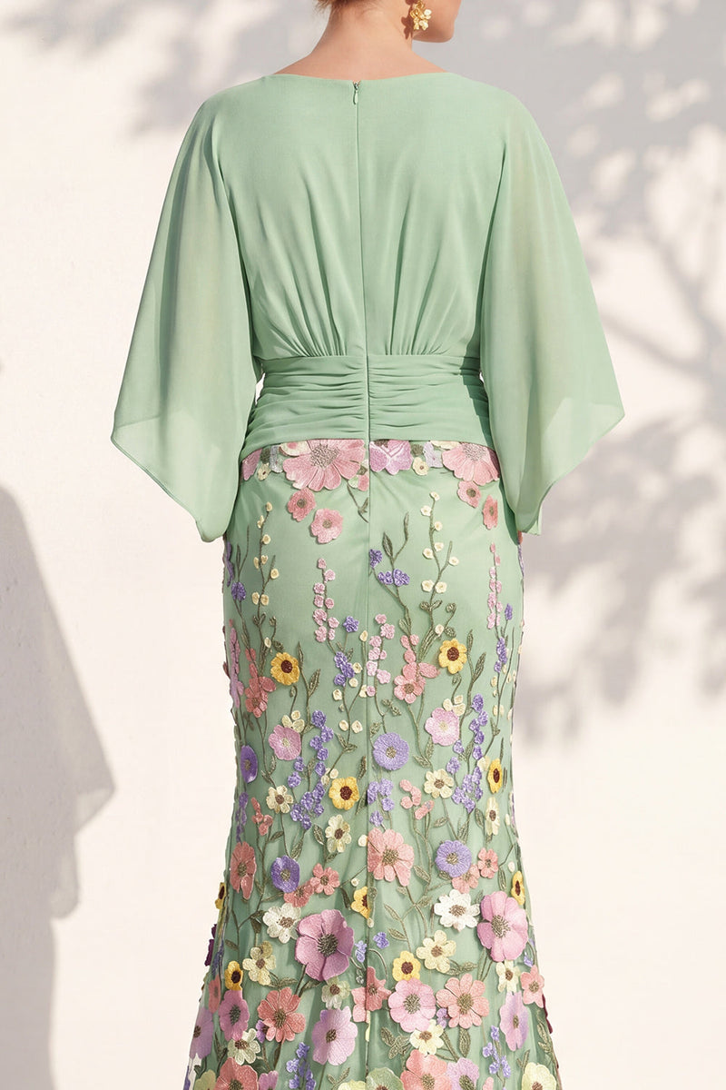 Load image into Gallery viewer, Green Mermaid Long Floral V-Neck Mother of the Bride Dress with Sleeves