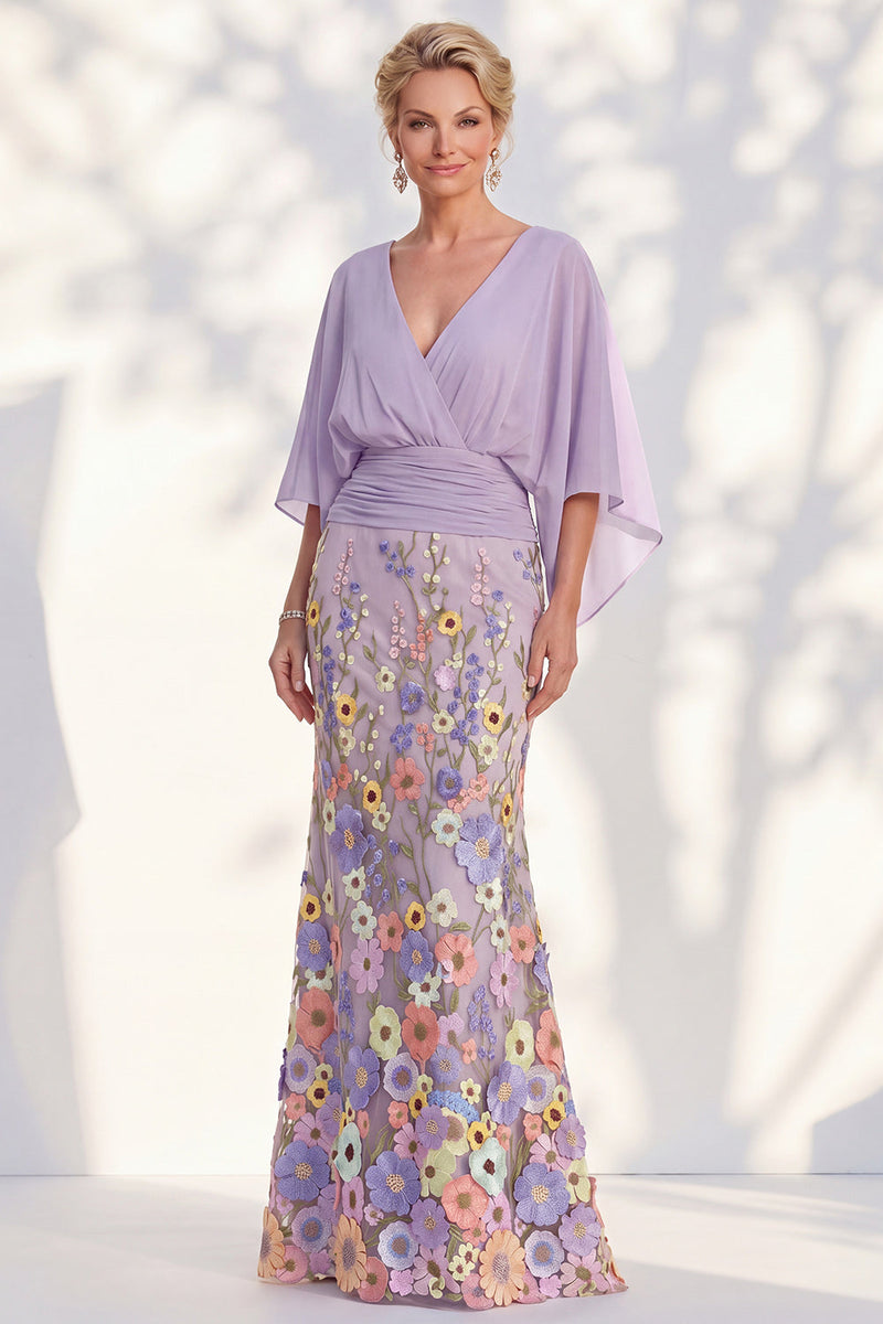 Load image into Gallery viewer, Green Mermaid Long Floral V-Neck Mother of the Bride Dress with Sleeves