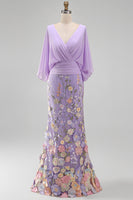 Load image into Gallery viewer, Green Mermaid Long Floral V-Neck Mother of the Bride Dress with Sleeves