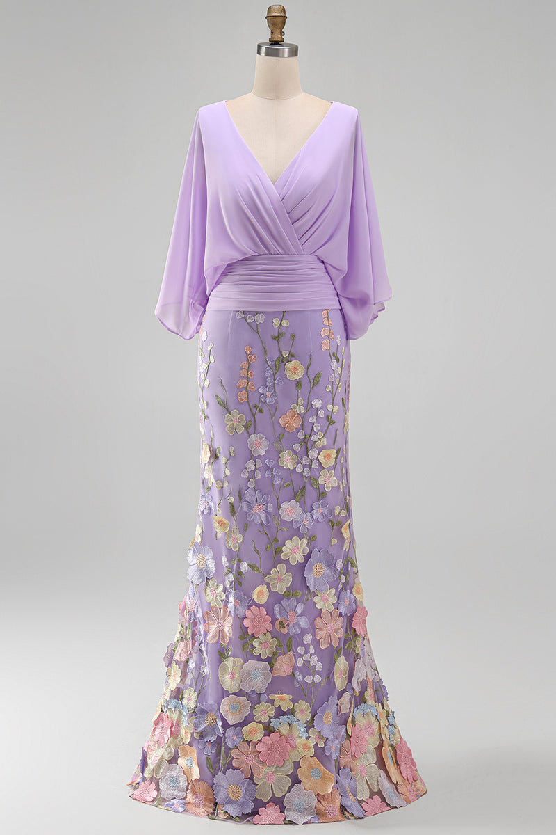 Load image into Gallery viewer, Green Mermaid Long Floral V-Neck Mother of the Bride Dress with Sleeves