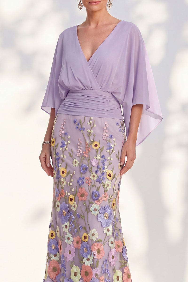 Load image into Gallery viewer, Green Mermaid Long Floral V-Neck Mother of the Bride Dress with Sleeves