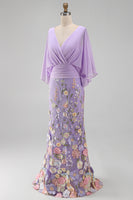 Load image into Gallery viewer, Green Mermaid Long Floral V-Neck Mother of the Bride Dress with Sleeves
