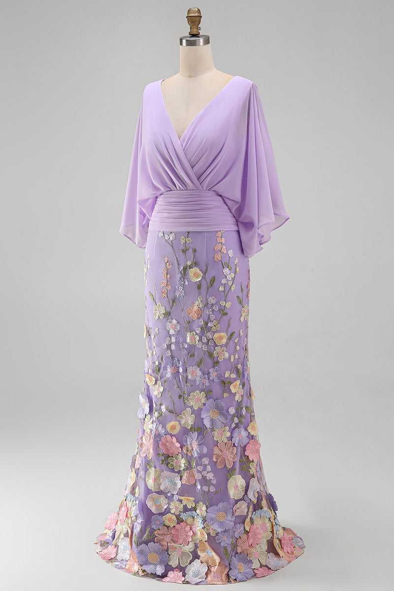 Load image into Gallery viewer, Green Mermaid Long Floral V-Neck Mother of the Bride Dress with Sleeves