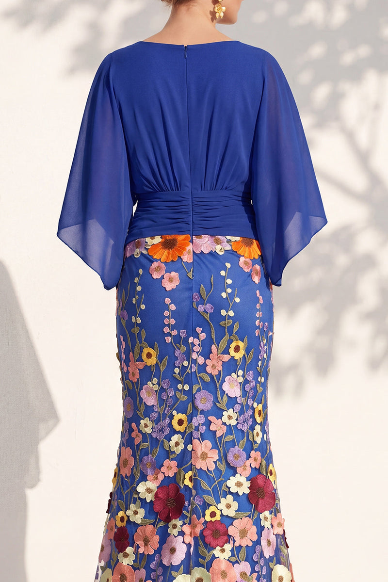 Load image into Gallery viewer, Green Mermaid Long Floral V-Neck Mother of the Bride Dress with Sleeves