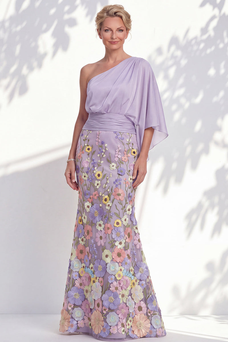 Load image into Gallery viewer, Mermaid Lilac Long Floral One Shoulder Mother of the Bride Dress with Sleeves
