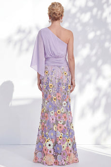 Mermaid Lilac Long Floral One Shoulder Mother of the Bride Dress with Sleeves