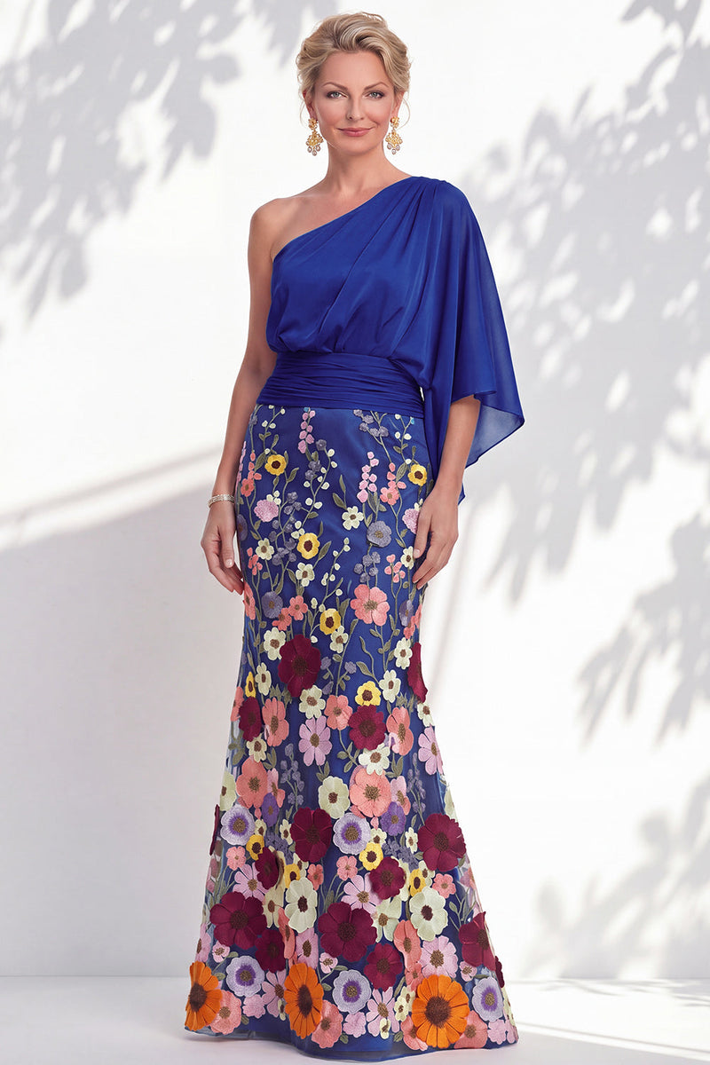 Load image into Gallery viewer, Mermaid Lilac Long Floral One Shoulder Mother of the Bride Dress with Sleeves