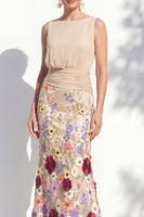 Load image into Gallery viewer, Green Long Floral Ruched Boat Neck Mermaid Mother of the Bride Dress