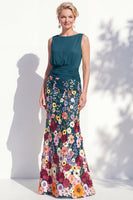 Load image into Gallery viewer, Green Long Floral Ruched Boat Neck Mermaid Mother of the Bride Dress
