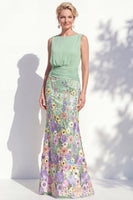 Load image into Gallery viewer, Green Long Floral Ruched Boat Neck Mermaid Mother of the Bride Dress
