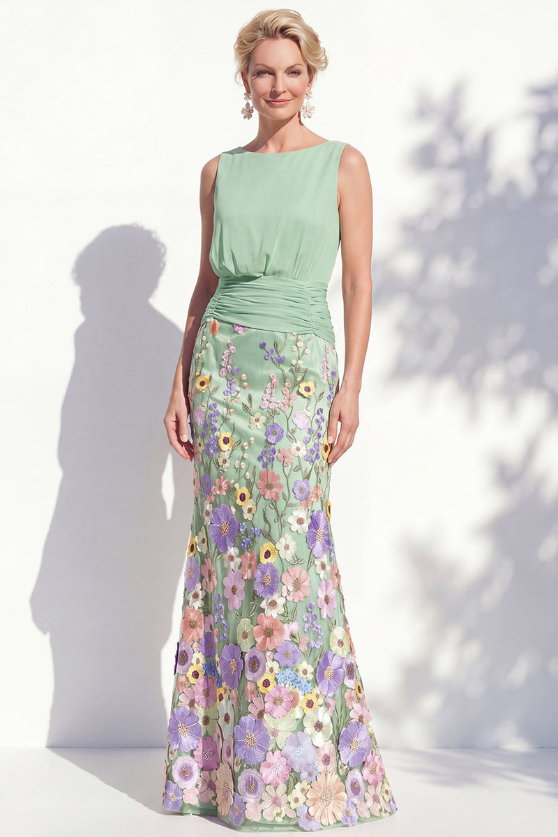 Load image into Gallery viewer, Green Long Floral Ruched Boat Neck Mermaid Mother of the Bride Dress