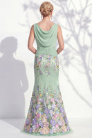 Load image into Gallery viewer, Green Long Floral Ruched Boat Neck Mermaid Mother of the Bride Dress