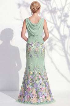 Green Long Floral Ruched Boat Neck Mermaid Mother of the Bride Dress