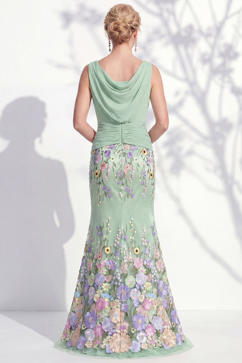 Load image into Gallery viewer, Green Long Floral Ruched Boat Neck Mermaid Mother of the Bride Dress