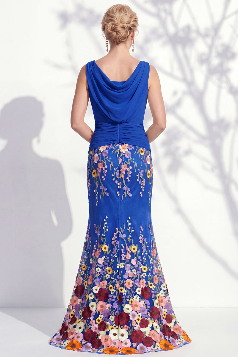 Load image into Gallery viewer, Green Long Floral Ruched Boat Neck Mermaid Mother of the Bride Dress