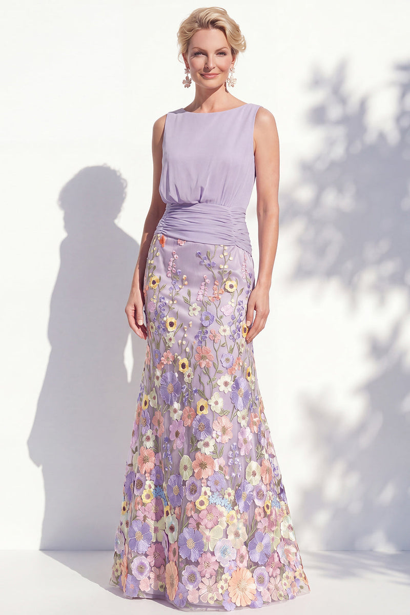 Load image into Gallery viewer, Green Long Floral Ruched Boat Neck Mermaid Mother of the Bride Dress