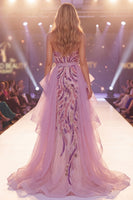 Load image into Gallery viewer, Sparkly Mermaid Grey Purple Ruffled Long Beaded Evening Dress with Cape