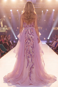 Sparkly Mermaid Grey Purple Ruffled Long Beaded Evening Dress with Cape