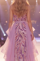 Load image into Gallery viewer, Sparkly Mermaid Grey Purple Ruffled Long Beaded Evening Dress with Cape