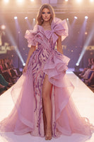 Load image into Gallery viewer, Mermaid Long Beaded Sparkly Ruffled Grey Purple Evening Dress with Bow