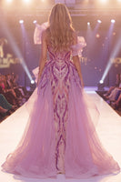 Load image into Gallery viewer, Mermaid Long Beaded Sparkly Ruffled Grey Purple Evening Dress with Bow