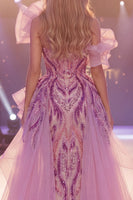Load image into Gallery viewer, Mermaid Long Beaded Sparkly Ruffled Grey Purple Evening Dress with Bow