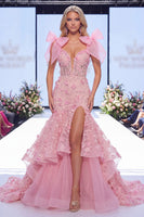Load image into Gallery viewer, V-Neck Mermaid Long Beaded Ruffled Floral Pink Formal Dress with Bows