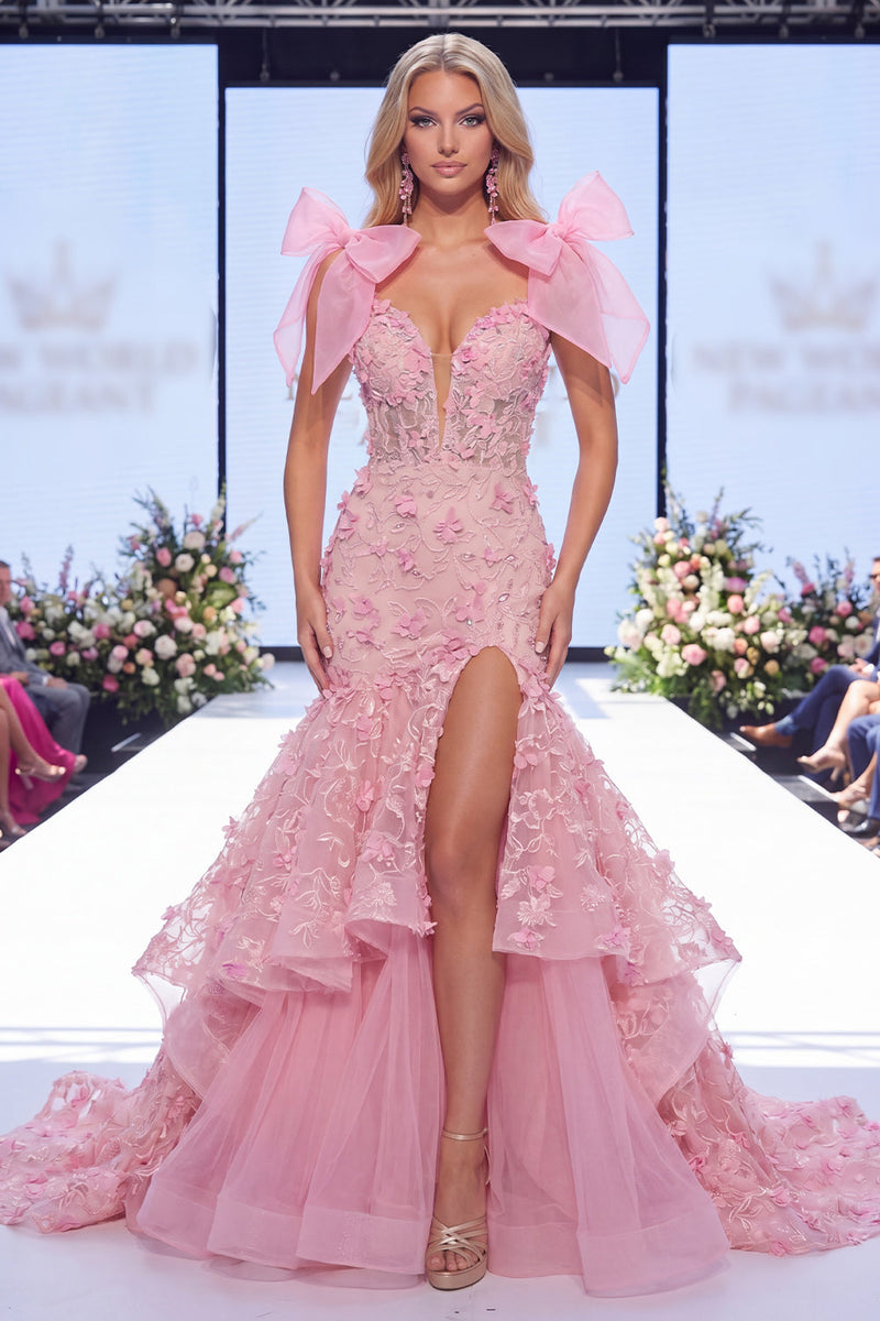 Load image into Gallery viewer, V-Neck Mermaid Long Beaded Ruffled Floral Pink Formal Dress with Bows