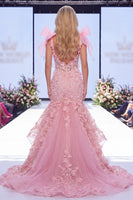 Load image into Gallery viewer, V-Neck Mermaid Long Beaded Ruffled Floral Pink Formal Dress with Bows