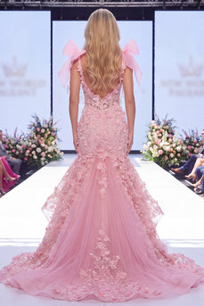 V-Neck Mermaid Long Beaded Ruffled Floral Pink Formal Dress with Bows