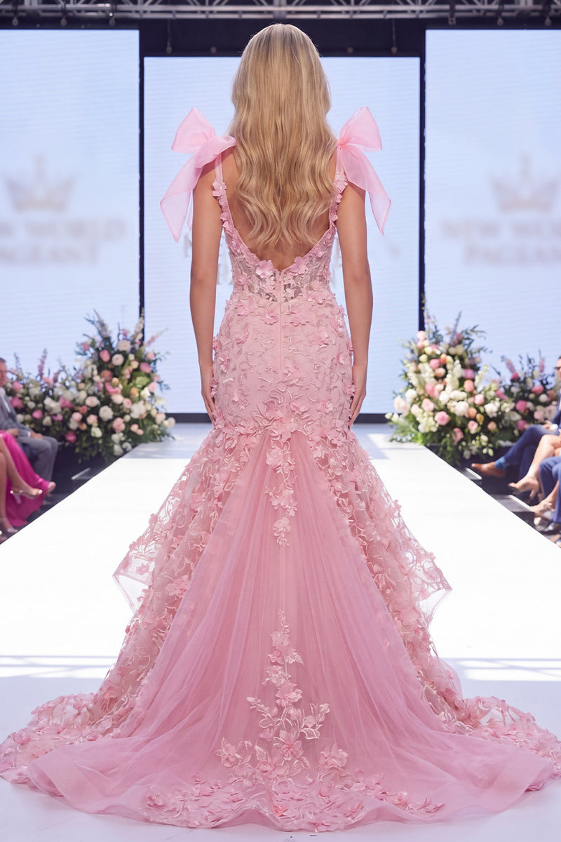 Load image into Gallery viewer, V-Neck Mermaid Long Beaded Ruffled Floral Pink Formal Dress with Bows