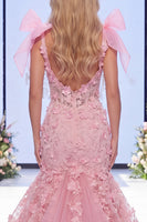 Load image into Gallery viewer, V-Neck Mermaid Long Beaded Ruffled Floral Pink Formal Dress with Bows