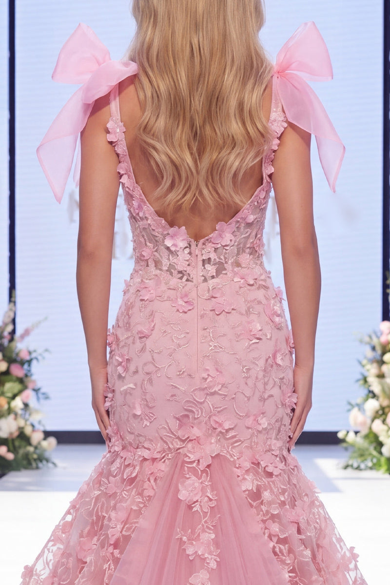 Load image into Gallery viewer, V-Neck Mermaid Long Beaded Ruffled Floral Pink Formal Dress with Bows