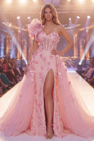 Load image into Gallery viewer, Corset Mermaid Long Floral Beaded Pink Ruffled Formal Dress with Cape