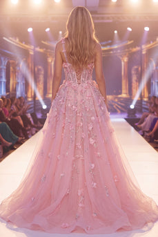 Sparkly Cut Out Corset Mermaid Long Beaded Floral Pink Formal Dress with Cape
