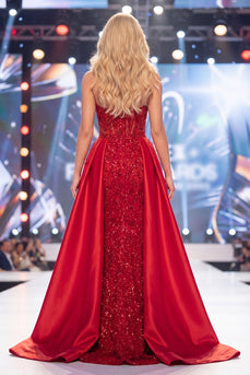 Strapless Corset Sparkly Mermaid Red Long Beaded Formal Dress with Cape