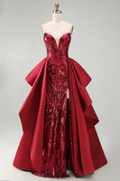 Load image into Gallery viewer, Sparkly Red Mermaid Corset Strapless Long Beaded Evening Dress with Slit