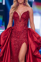 Load image into Gallery viewer, Sparkly Red Mermaid Corset Strapless Long Beaded Evening Dress with Slit