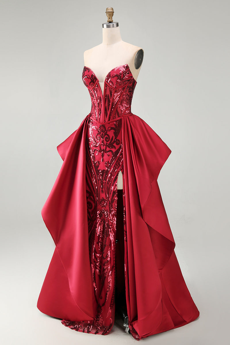 Load image into Gallery viewer, Sparkly Red Mermaid Corset Strapless Long Beaded Evening Dress with Slit