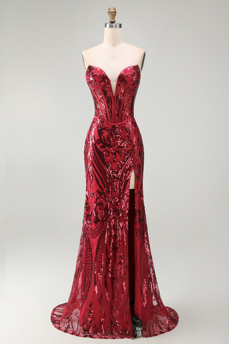 Load image into Gallery viewer, Sparkly Red Mermaid Corset Strapless Long Beaded Evening Dress with Slit