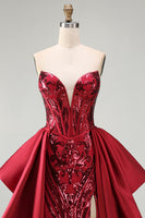 Load image into Gallery viewer, Sparkly Red Mermaid Corset Strapless Long Beaded Evening Dress with Slit