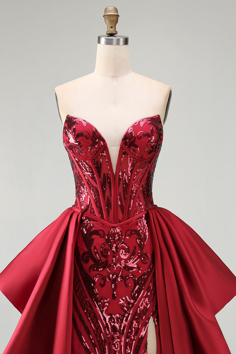 Load image into Gallery viewer, Sparkly Red Mermaid Corset Strapless Long Beaded Evening Dress with Slit
