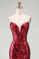 Load image into Gallery viewer, Sparkly Red Mermaid Corset Strapless Long Beaded Evening Dress with Slit