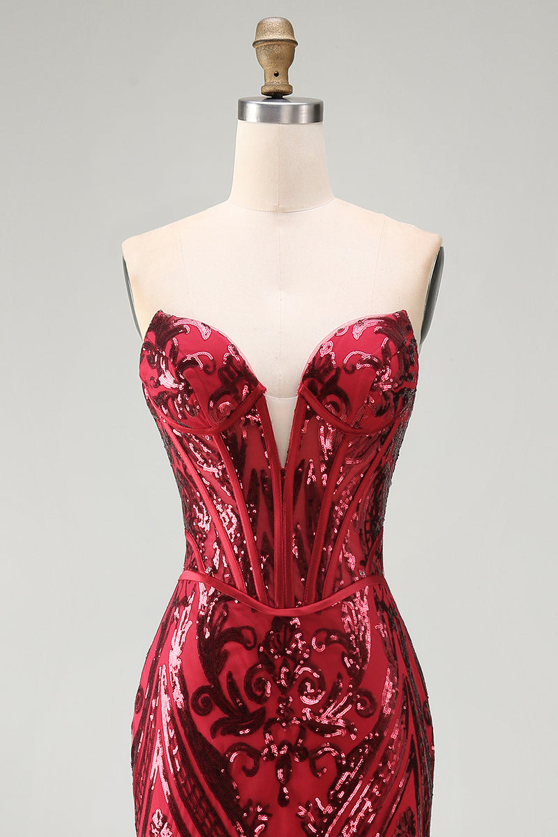 Load image into Gallery viewer, Sparkly Red Mermaid Corset Strapless Long Beaded Evening Dress with Slit