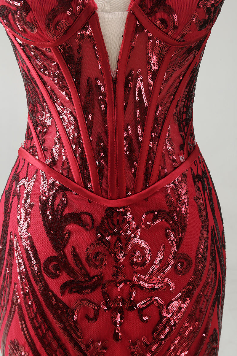 Load image into Gallery viewer, Sparkly Red Mermaid Corset Strapless Long Beaded Evening Dress with Slit