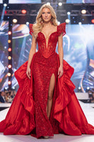 Load image into Gallery viewer, V-Neck Sparkly Red Mermaid Corset Beaded Long Evening Dress with Slit