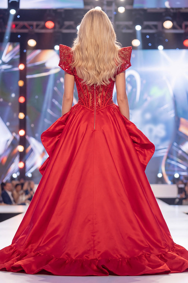 Load image into Gallery viewer, V-Neck Sparkly Red Mermaid Corset Beaded Long Evening Dress with Slit
